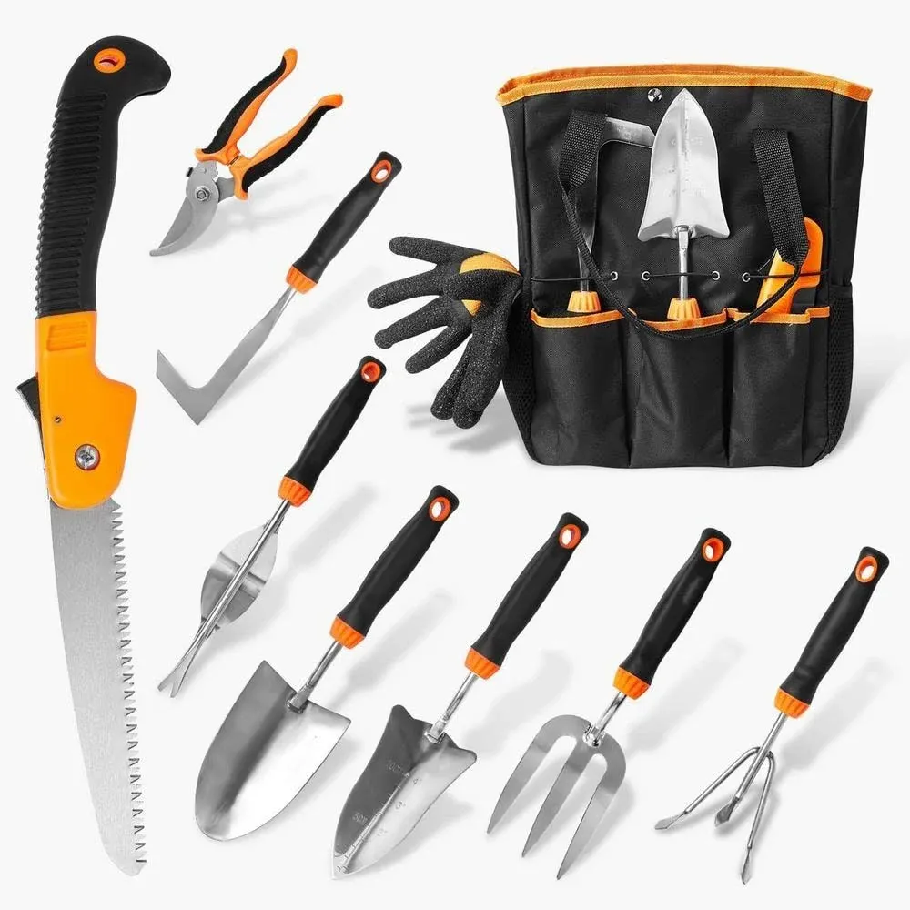 10 PCS Stainless Steel Garden Tool Set Ergonomic Handle Tote Bag Gift Women Men