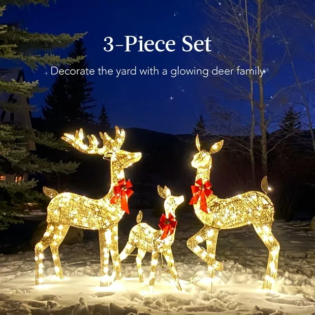 3-Piece Lighted Christmas Deer Set Outdoor Yard Decoration with 360 LED Lights, Stakes, Zip Ties - Gold