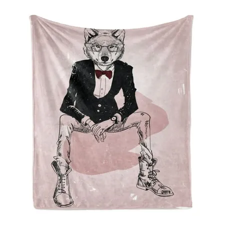 Indie Soft Flannel Fleece Throw Blanket Hipster Portrait of Sitting Wild Wolf Glasses Smart Casual Outfit Cozy Plush for Indoor and Outdoor Use 50 x 60 Baby Pink Black Burgundy by Ambesonne