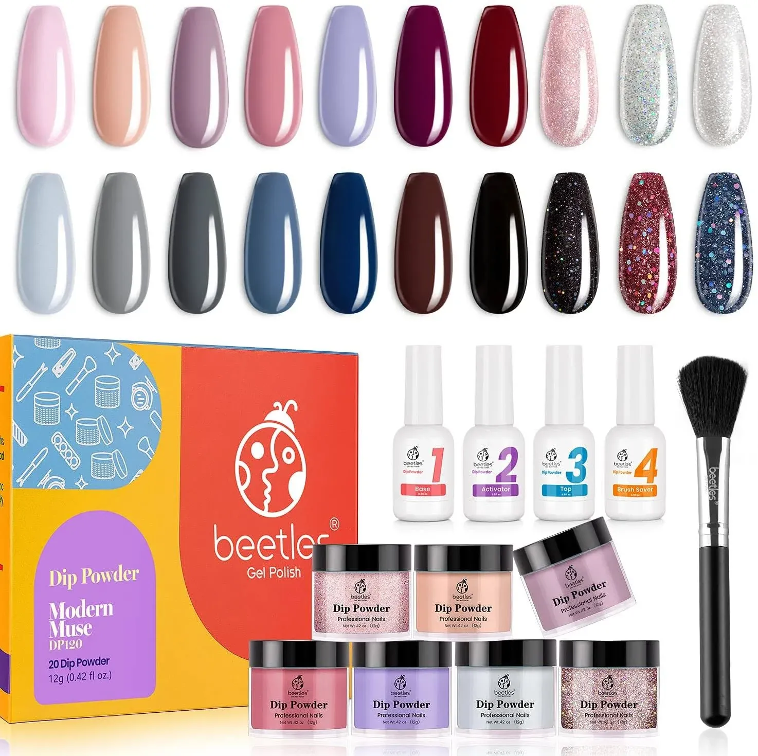 Beetles 27pcs Dip Powder Nail Kit Starter, 20 Colors Modern Muse Collection Dipping Powder Set Nude Pink Blue Glitter for Nail Art Manicure with