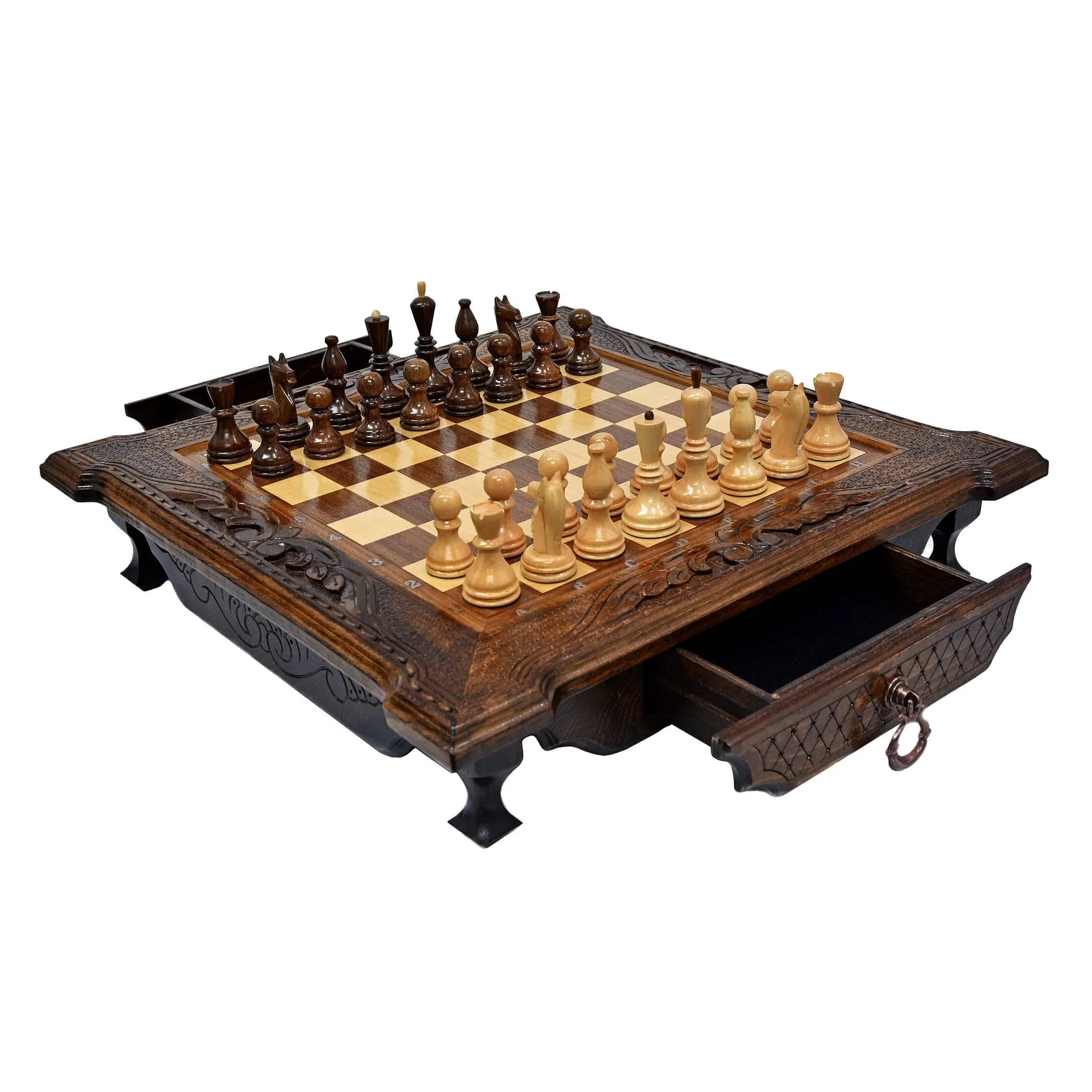 Unique Big Chess Set with Storage Handmade Wooden Chess Large Inlaid Chessboard