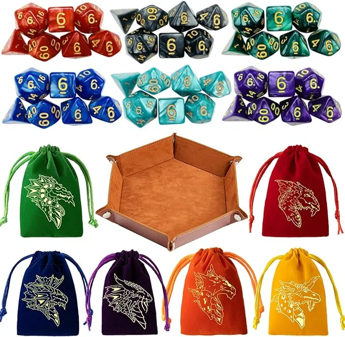 DND Dice Set 42 Pcs Polyhedral Dungeons and Dragons Rolling Dice for D&D RPG MTG Table Games Dice Bulk with Colorful Drawstring Bags and Dice Tray (Single)