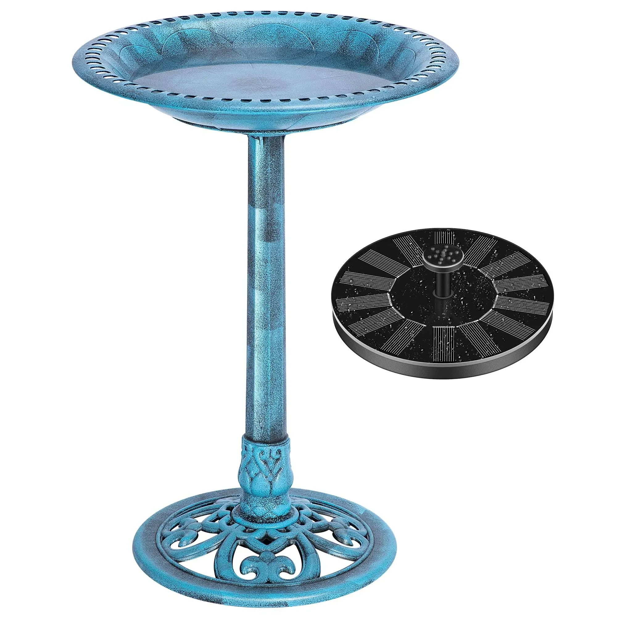 VIVOHOME Polyresin Antique Outdoor Blue Garden Bird Bath and Solar Powered Round Pond Fountain Combo Set