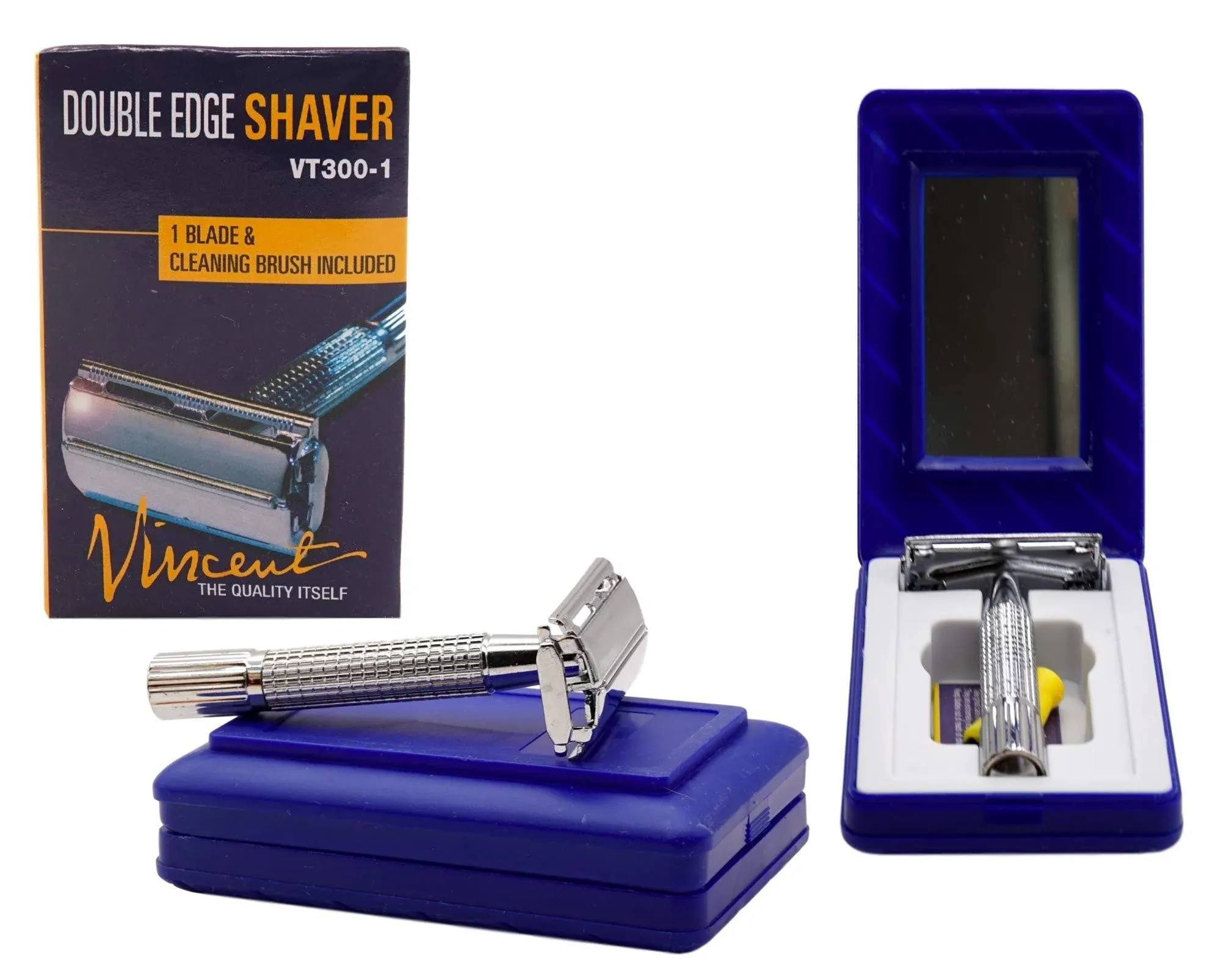 Vincent Double Edge Safety Razor (2 Pack) Mens Shaving Razor With Case Blade Cleaning Brush