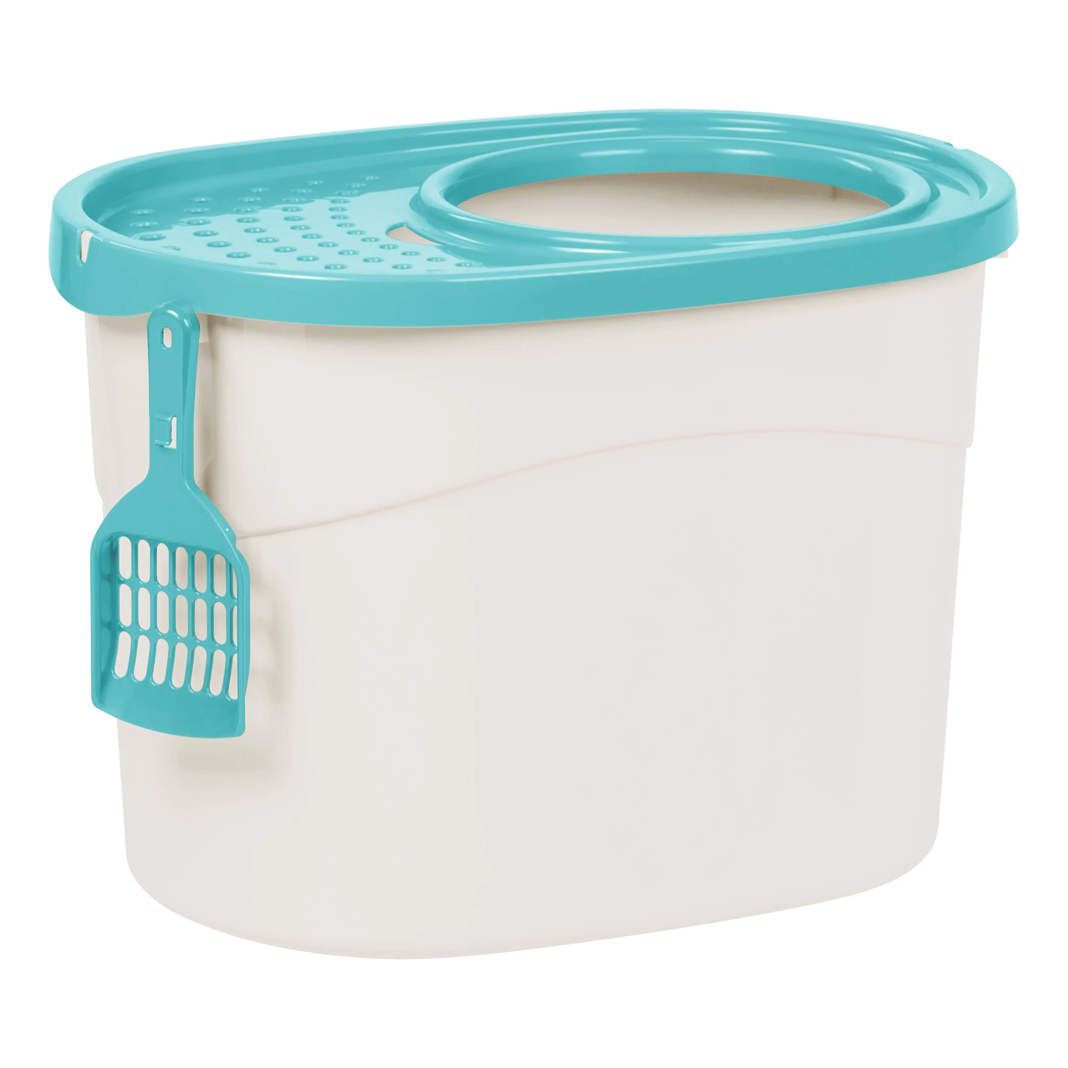 Iris USA Top Entry Cat Litter Box with Scoop, White/Seafoam