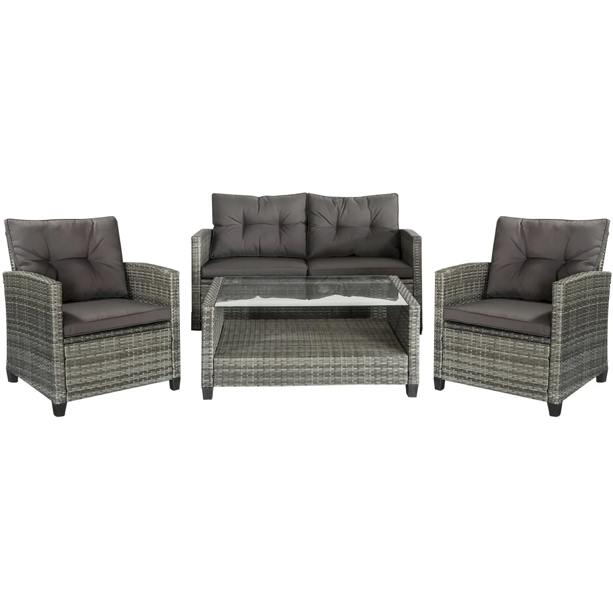 Outsunny 4-Piece Outdoor Patio Rattan Furniture Set with 2 Chairs & Sofa, Grey, Gray