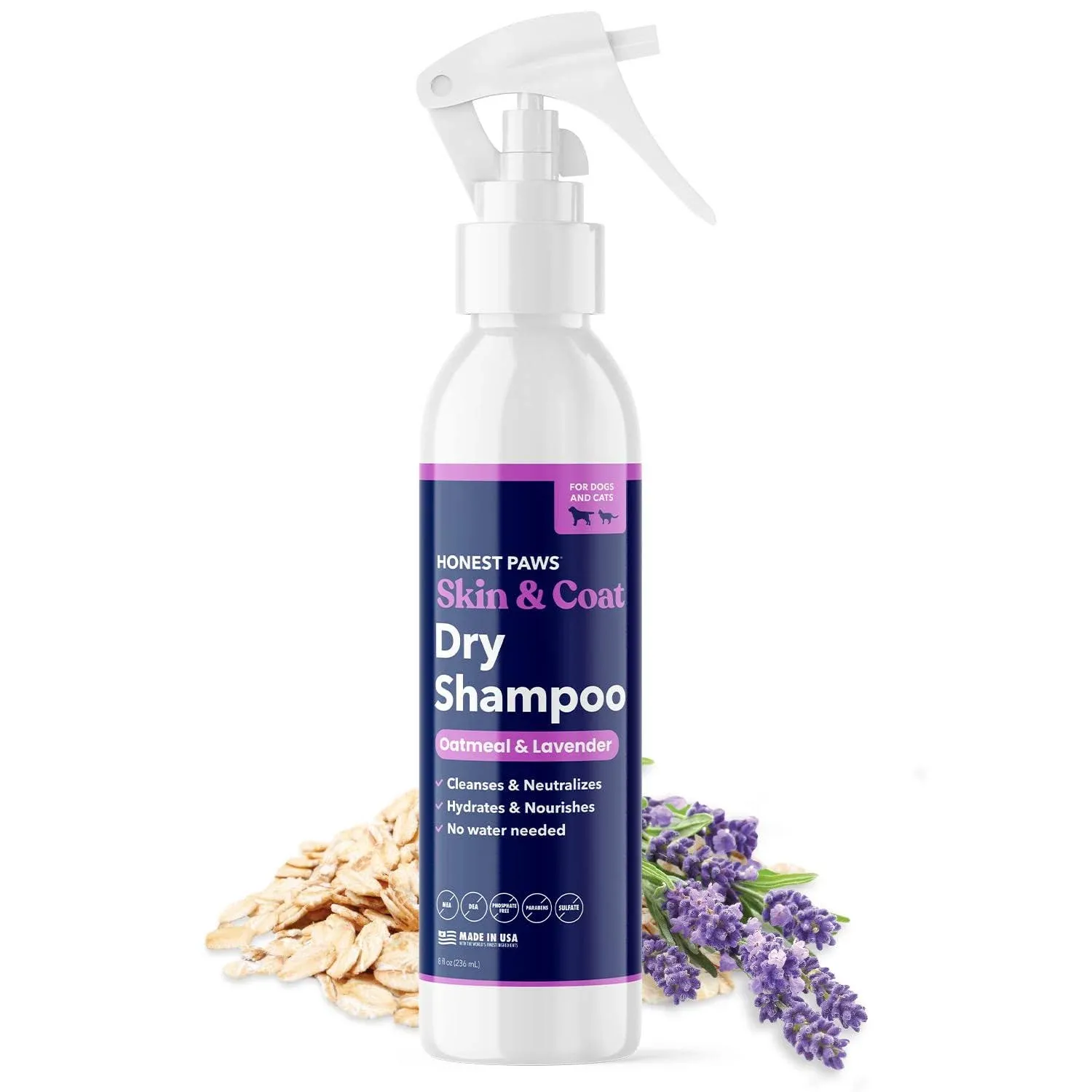 Honest Paws Dog Waterless Shampoo - Dry No Rinse Foaming Formula Reducing Itch Cleanse Hydrate Nourish Dry Skin and Smelly Coat Help Decrease Odor Shedding and Allergies - Oatmeal & Lavender - 8 oz