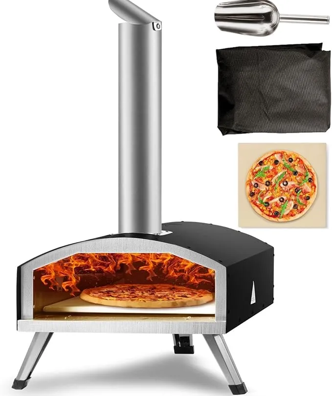 12 in. Wood and Charcoal-Fired Outdoor Pizza Oven Stainless Steel Pizza Grill with Pizza Stone for Camping in Black