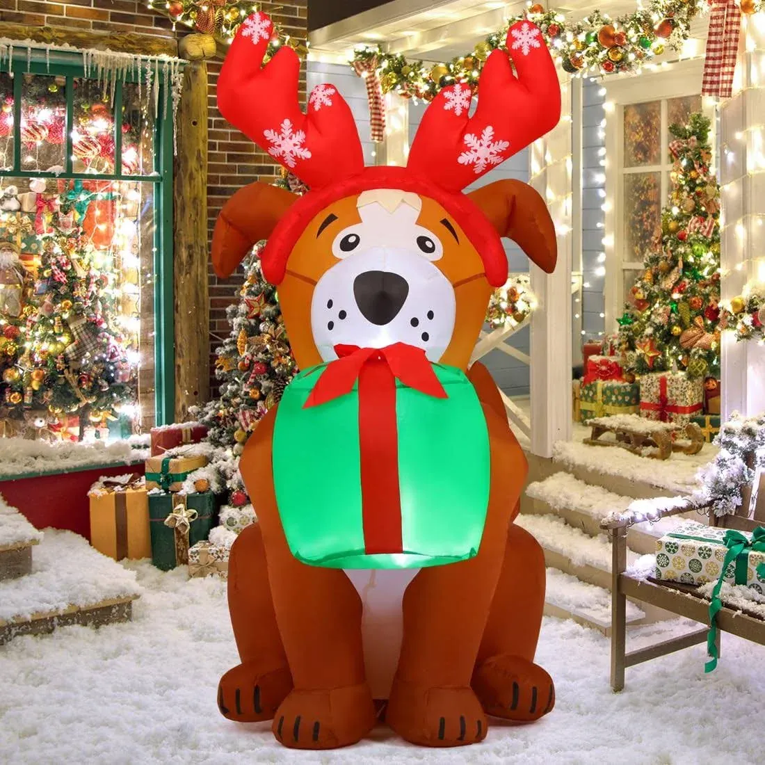 GOOSH 5 ft Christmas Inflatables Dog Puppy with Gift Box Outdoor Decorations Blow ...