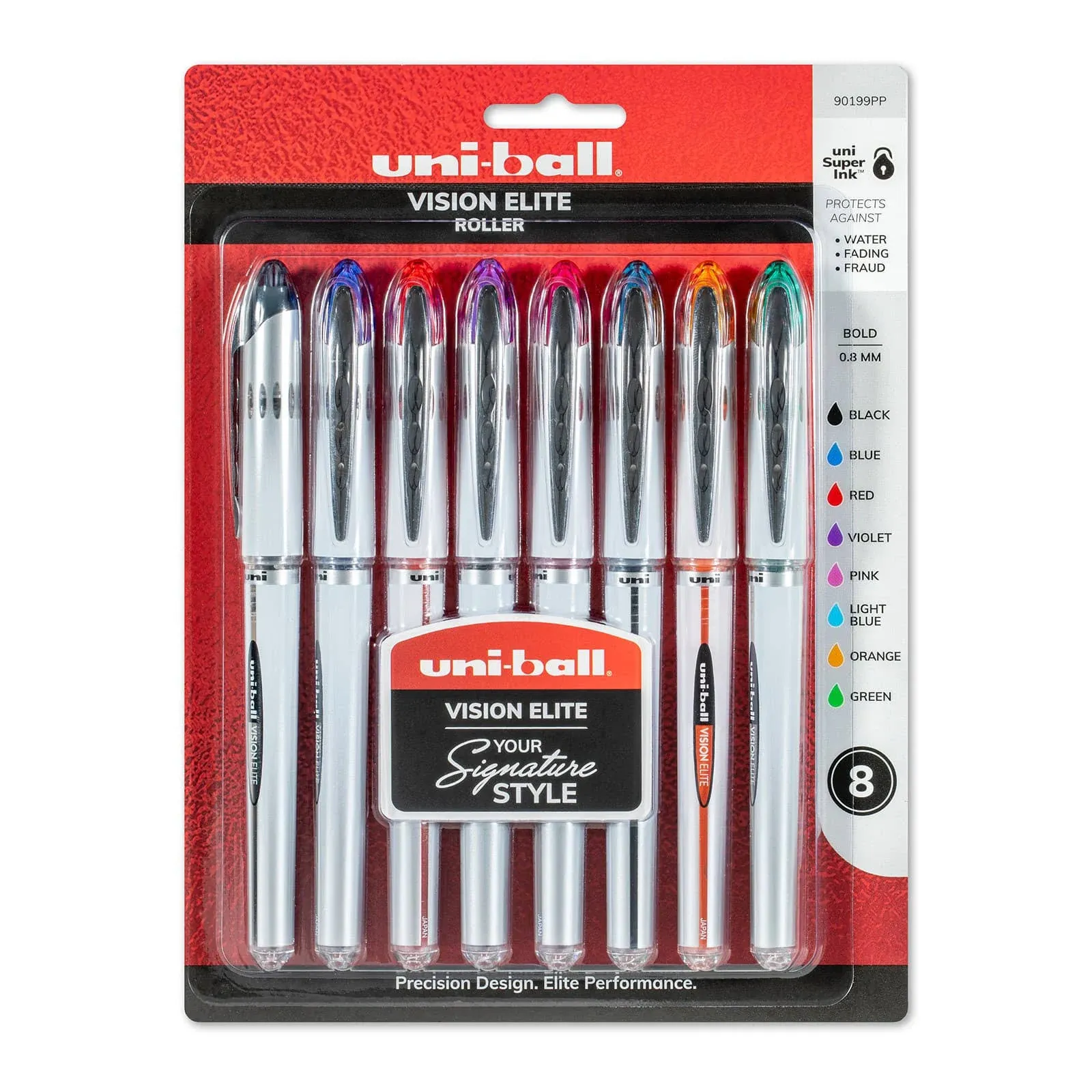 Uni-Ball Vision Elite Stick Roller Ball Pen, Bold 0.8 mm, Assorted Ink/Barrel, 8/Pack