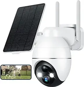 Recacam Solar Security Cameras Wireless Outdoor, 2K 355° PTZ Outdoor Camera Wireless, 2.4G Wi-Fi Cameras for Home Security with PIR, 2-Way Talk, IP65, 4dbi, Spotlight/Siren, Color Night Vision