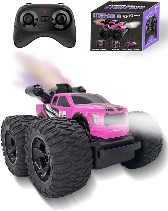 Monster Truck for Girls, Girls Remote Control Car Toys, Pink RC Trucks with Spray Function, 4WD 360° Flips Rotating Car Toys for Girls, Ideal Birthday for 3+ Year Old Girls