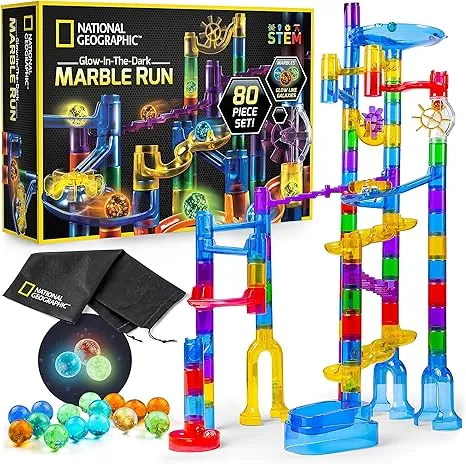 NATIONAL GEOGRAPHIC Glowing Marble Run – 80 Piece Construction Set with 15 Glow in the Dark Glass Marbles & Storage Bag, STEM Gifts for Boys and Girls, Building Project Toy (Amazon Exclusive)