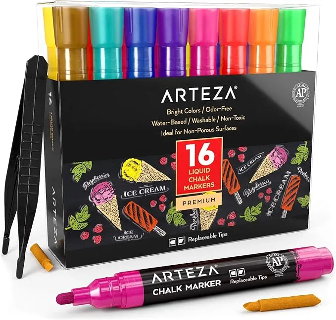 ARTEZA Liquid Chalk Markers Set of 8 Neon Colors Erasable, Washable Chalkboard