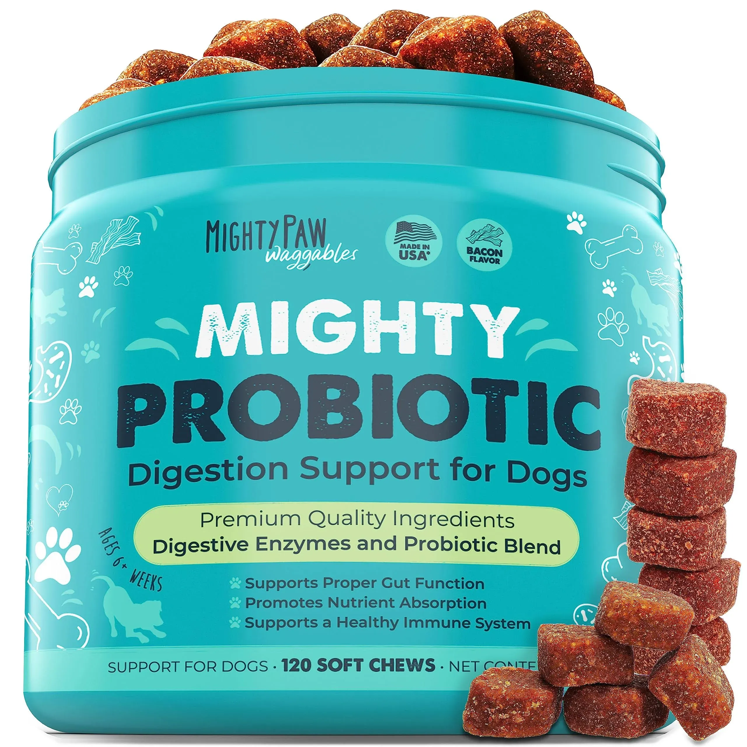 Mighty Paw Waggables Probiotic Chews for Dogs (Made in USA) | Dog Probiotics & Digestive Enzymes. Bacon Flavor Probiotics for Dogs Digestive Health. Prebiotics, Probiotics for Dogs Gut Health (120 Ct)