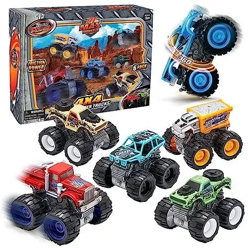 Team Power Monster Trucks for Boys and Girls, 6-Pack Push and Go Toy Cars with ...