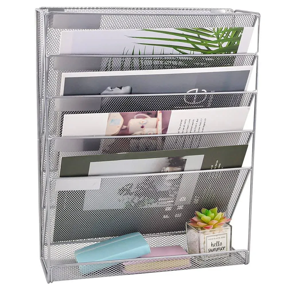 EASEPRES Desk File Organizer Mesh 5-Tier, Hanging Wall Mount Document Organization Stand, Desktop Vertical Mail Paper Folder Holder Rack with Bottom Tray for Office Home Cubicle Countertop, Silver