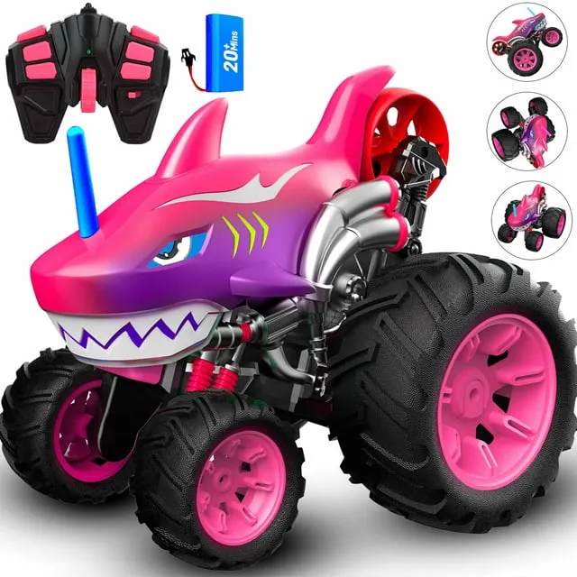 Wisairt Remote Control Monster Truck,1:16 4WD Shark RC Car with 360 Degress Rotation Upright Stunt Car Toys for Kids Boys Girls Age 3+(Pink)