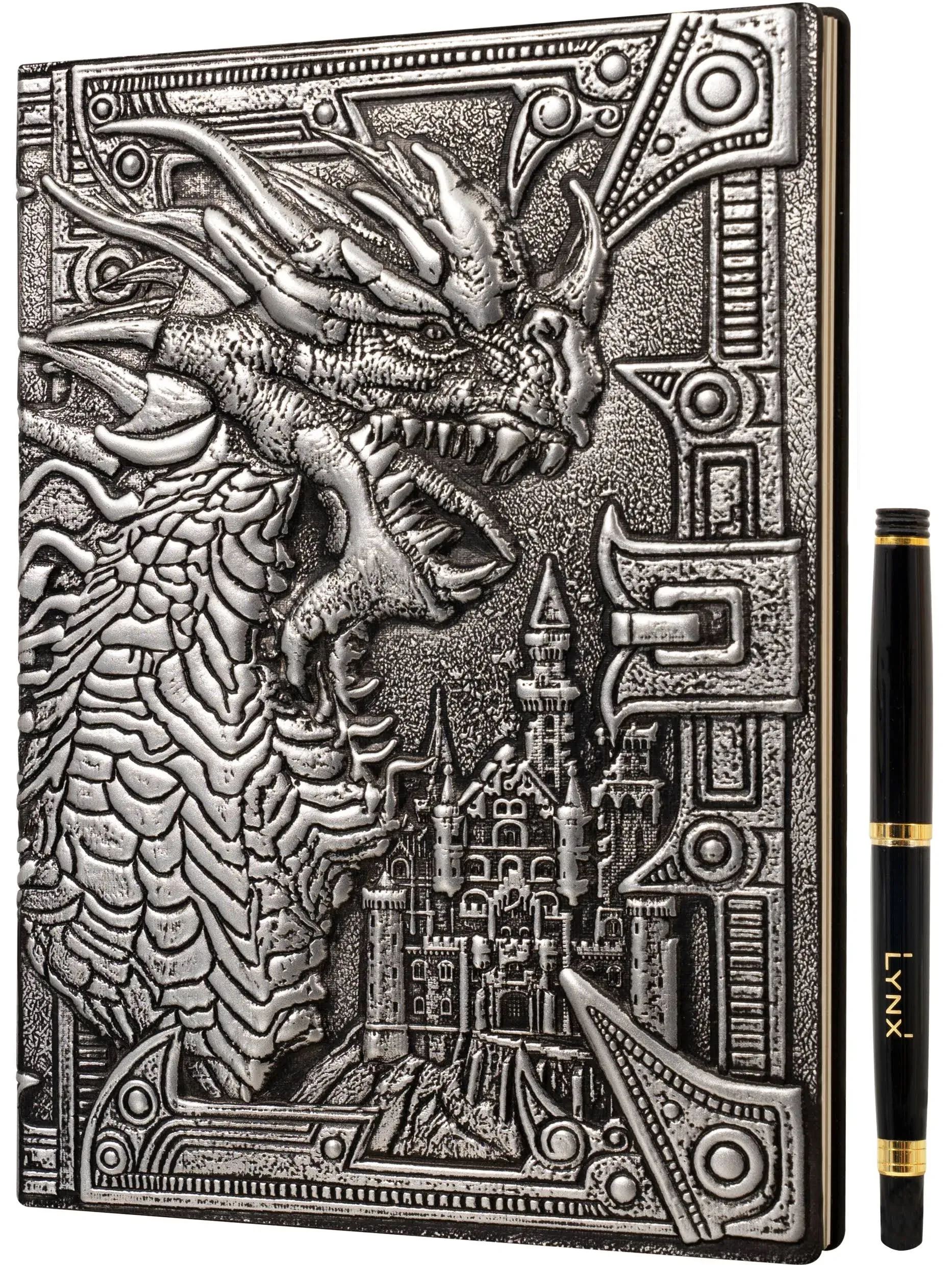 DND Notebook / Journal, Unique 200 Page Book with 3D Silver Dragon Embossed Faux Leather Cover with Pen- Ideal for Dungeons & Dragons / D&D. Great RPG Accessories Gift for DM's & Players, Men or Women