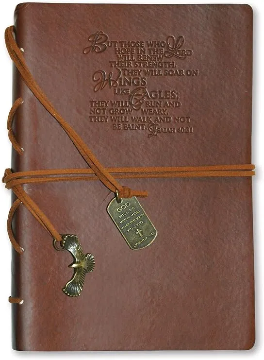 Leather Wrapped Journal - Wings Like Eagles With Eagle Charm Brown