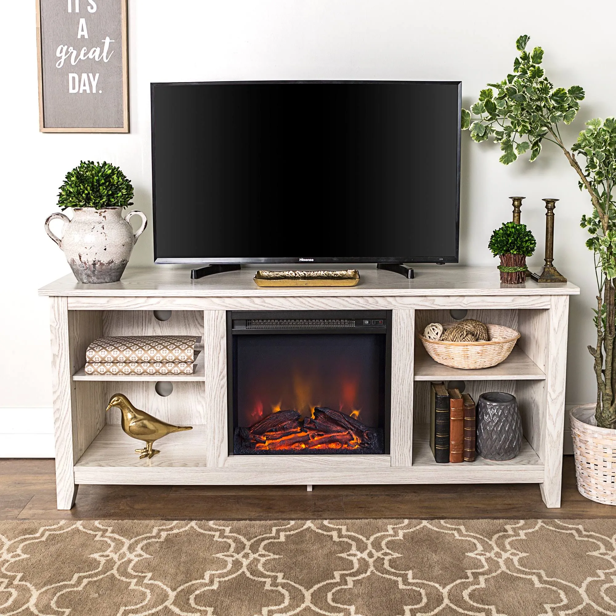 Walker Edison 58" White Wood Fireplace TV Stand W58FP18WW