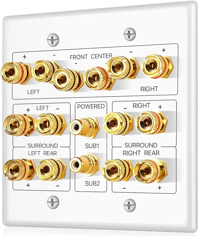 TNP Subwoofer and Speaker Wall Plate - 7.2 Surround Sound, Wall Speaker Connection Audio Wall Plate for AV RCA Connectors and Home Theater Banana Plu