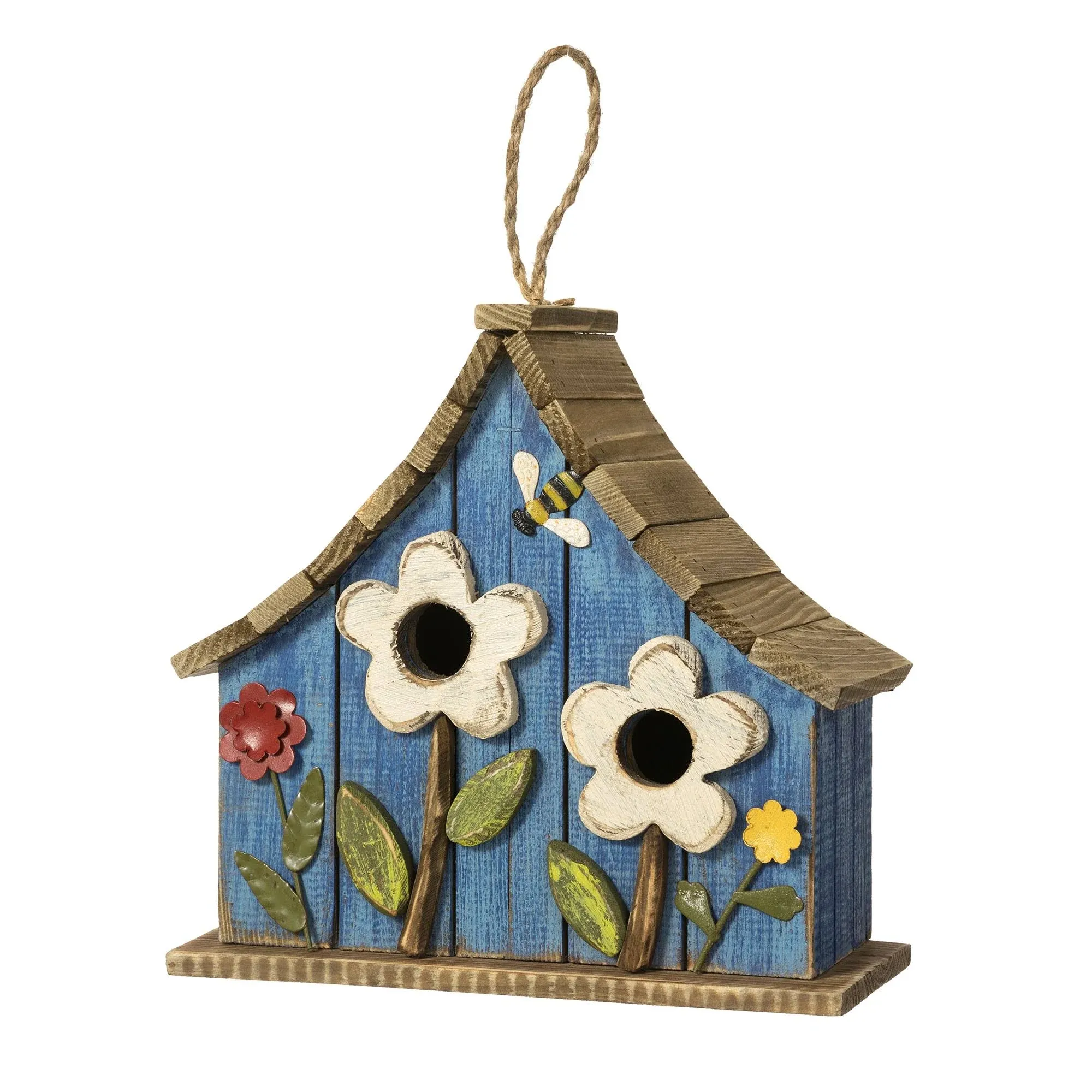 Blue Flower &amp; Bee 2-Opening Wood &amp; Metal Birdhouse