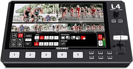 FEELWORLD L4 Multi Kamera Video Mixer Switcher mit 10,1 Zoll Touchscreen Chroma Key 4X HDMI 1x SDI Eingang USB 3.0 Ausgang 5 Kanal Echtzeit Produktion Live Streaming