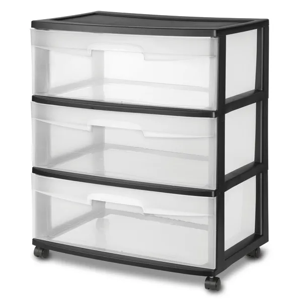 Sterilite 3 Drawer Wide Cart, Black