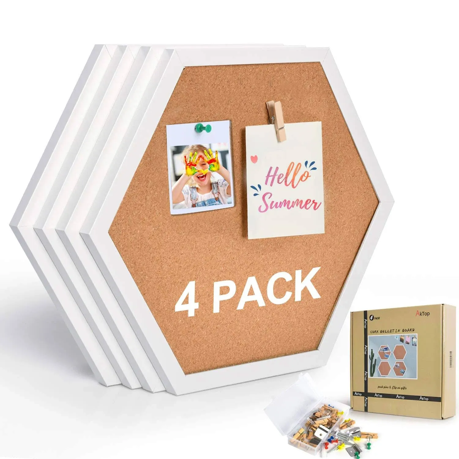 AKTOP Cork Bulletin Board Hexagon 4 Pack, Small Framed Corkboard Tiles for Wall ...