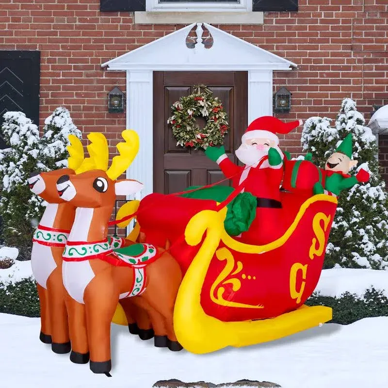 GOOSH 7 ft Christmas Inflatables Santa Claus in Sleigh with Two Reindeer Outdoor ...