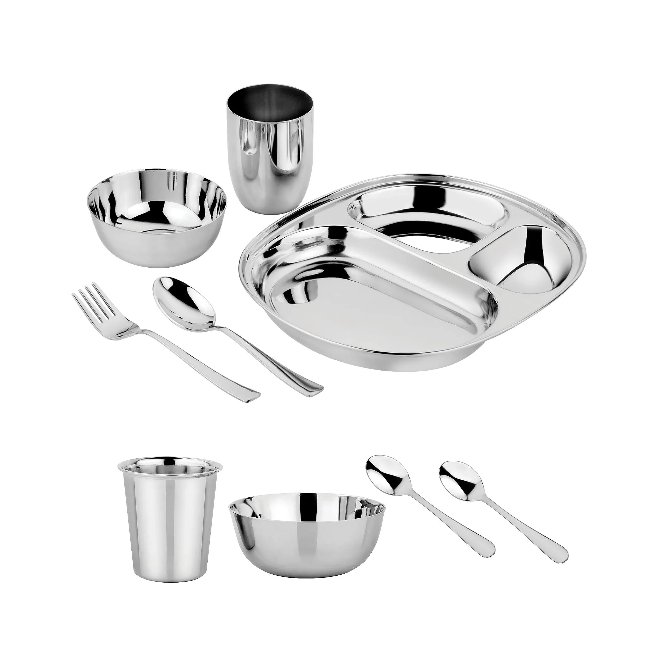 Ahimsa Stainless Steel Dine & Develop 9 Piece Dish Set | Divided Plate + 8 Ounce Cup + 4 Ounce Cup + 8 Ounce Bowl + Fork + Spoon + 2 Baby Spoons | Toddler Dishware | 100% BPA Free (Rainbow)