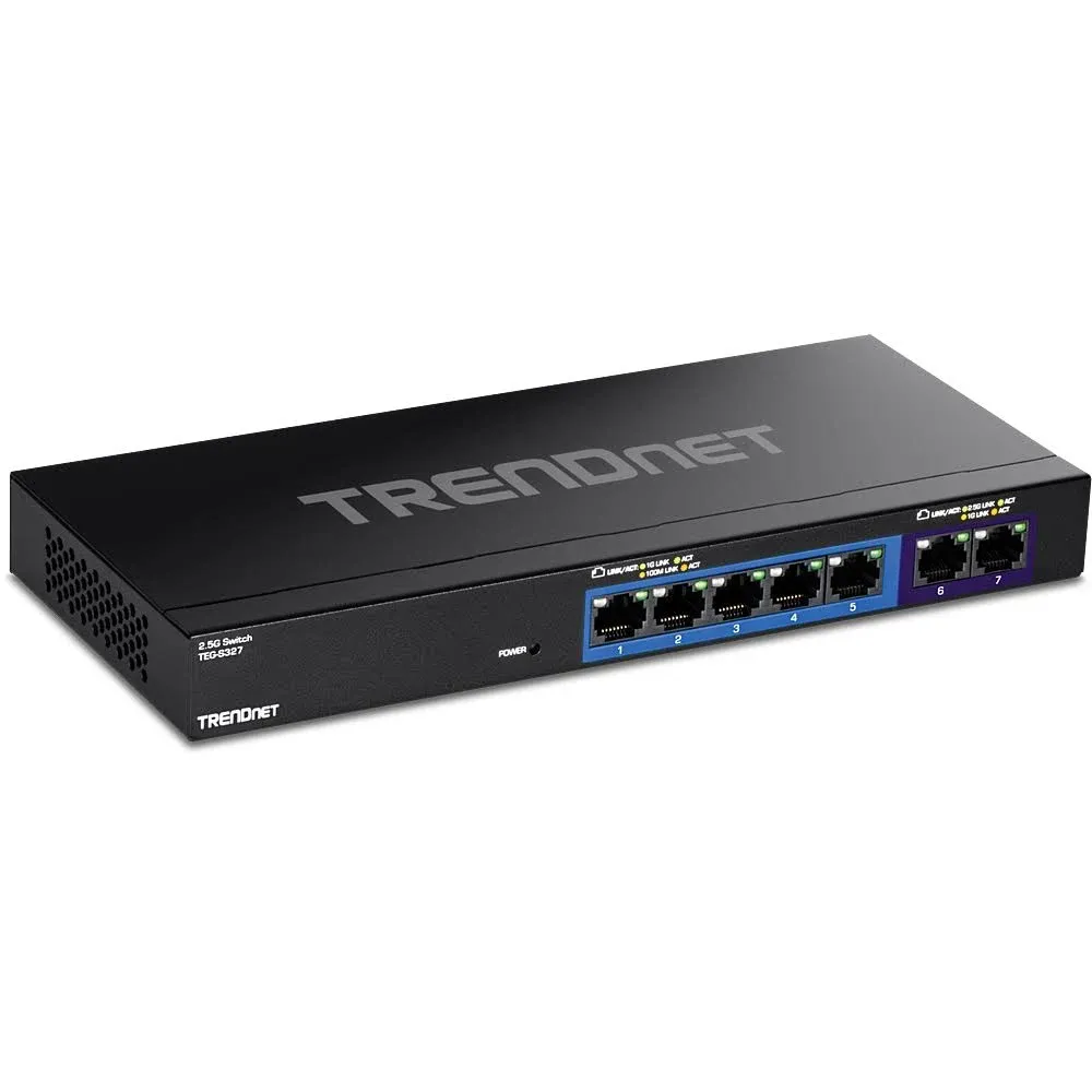 TITLE: TRENDnet 7-Port Multi-Gig Gaming Switch, TEG-S327, 5 x 1G RJ-45 Base-T Ports, 2 x 2.5G RJ-45 Ports, 20Gbps Switching Capacity, Wall Mountable, Plug & Play, Lifetime Protection, Black