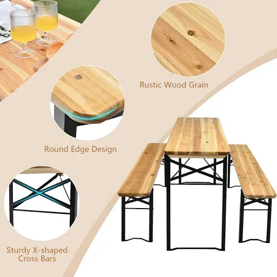 Costway 3 PCS Beer Table Bench Set Folding Wooden Top Picnic Table Patio Garden