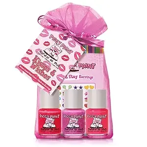 Piggy Paint | 100% Non-Toxic Girls Nail Polish | Safe, Cruelty-free, Vegan, & Low Odor for Kids | Kisses & Wishes (3 Polish + Stick & Stay Earrings Gift Set)