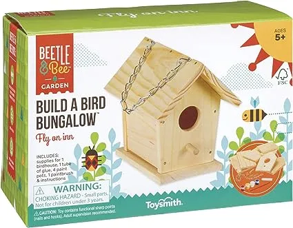 Beetle & Bee Build A Bird Bungalow - DIY Kid Art Craft Outdoor Birdhouse Kit, Bird House Painting Kit for Kids, Hardware & Glue Included- 4 Paints, 1 Brush, 7 Wooden Pcs, Chain For Tree Hanging Age 5+