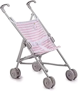 JC Toys Boutique | Folding Umbrella Doll Stroller for Children 2 Years Plus, Pink Stripes and Soft Embroidery | Sturdy Metal Frame | Pretend Play with Dolls up to 18” Long | Seat Belt