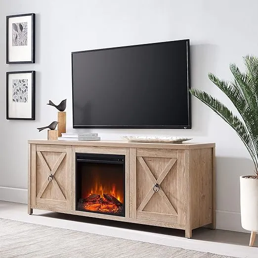 Henn&Hart Rectangular TV Stand with Log Fireplace for TV's up to 65" in Alder Brown, Electric Fireplace TV Stands for the Living Room