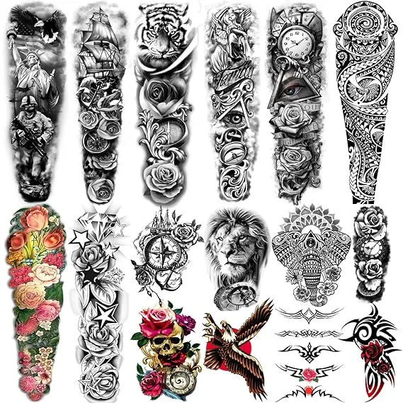 46 sheets Full Arm Skull Temporary Tattoos For Men Half Arm Shoulder Angel Tattoo for Ladies Fake Waterproof Wolf Lion Stone Tattoo Stickers For Adult or Kids