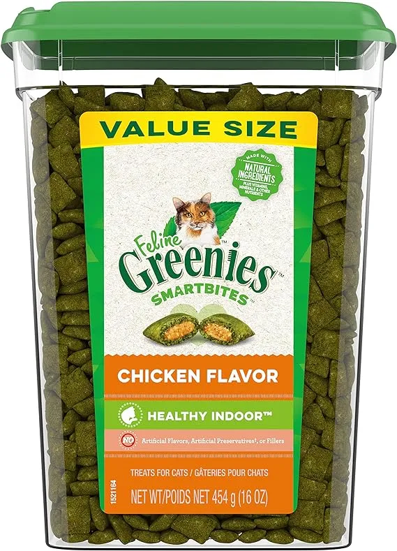 FELINE GREENIES SMARTBITES HEALTHY INDOOR Natural Treats for Cats, Chicken Flavor, 16 oz. Tub