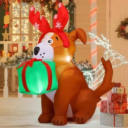 GOOSH 5 ft Christmas Inflatables Dog Puppy with Gift Box Outdoor Decorations Blow ...