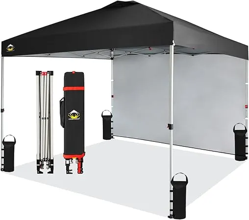 CROWN SHADES 10x10 Pop up Canopy Instant Commercial Canopy Including 1 Removable Sidewall, 4 Ropes, 8 Stakes, 4 Weight Bags, STO 'N Go Bag, Black