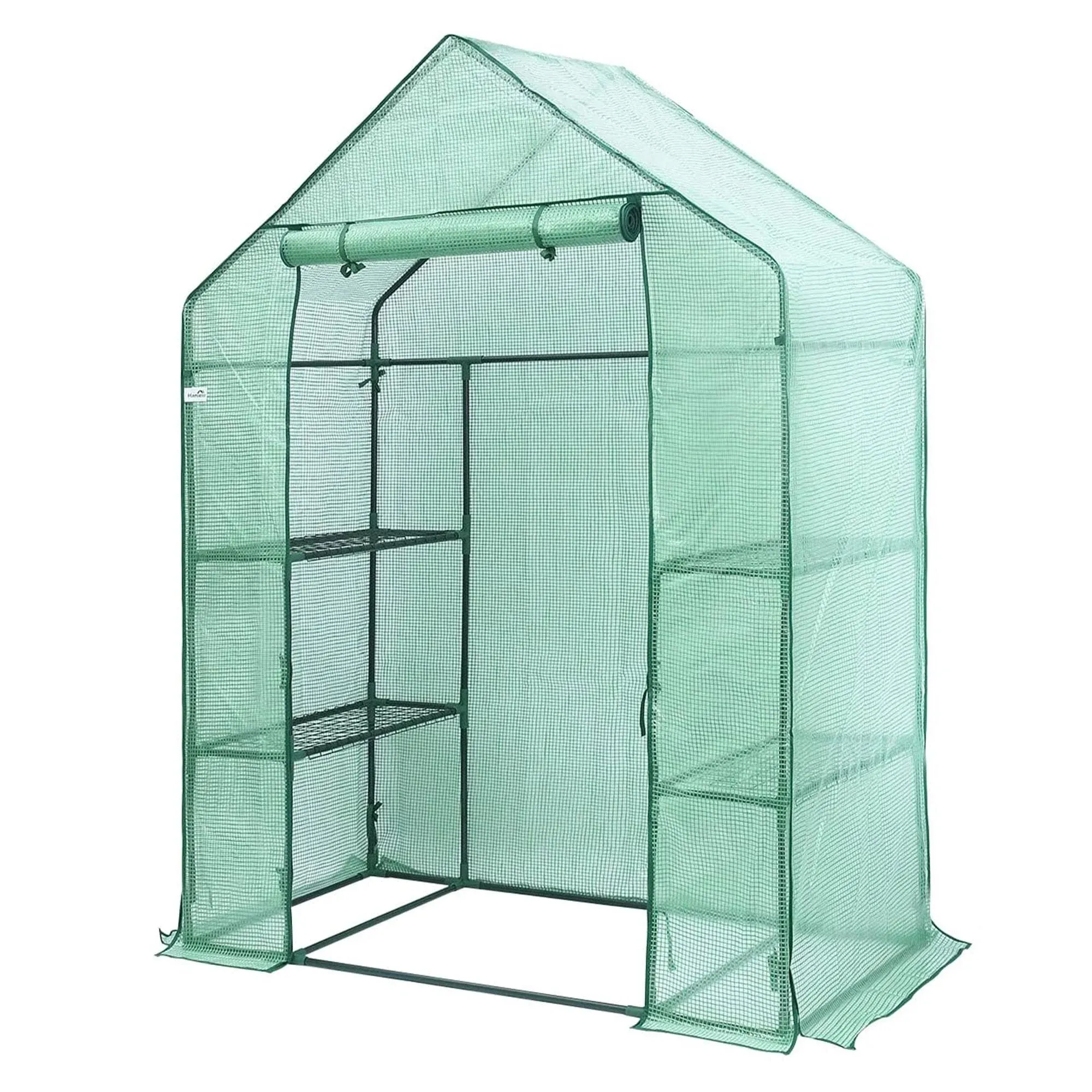 Greenhouse, Hanience Walk-in Greenhouse with Anchors and Ropes, 3 Tier 4 Wired Shelves Indoor and Outdoor Greenhouse for Garden/Patio/Backyard/Balcony, Green PE Cover Easy to Assemble