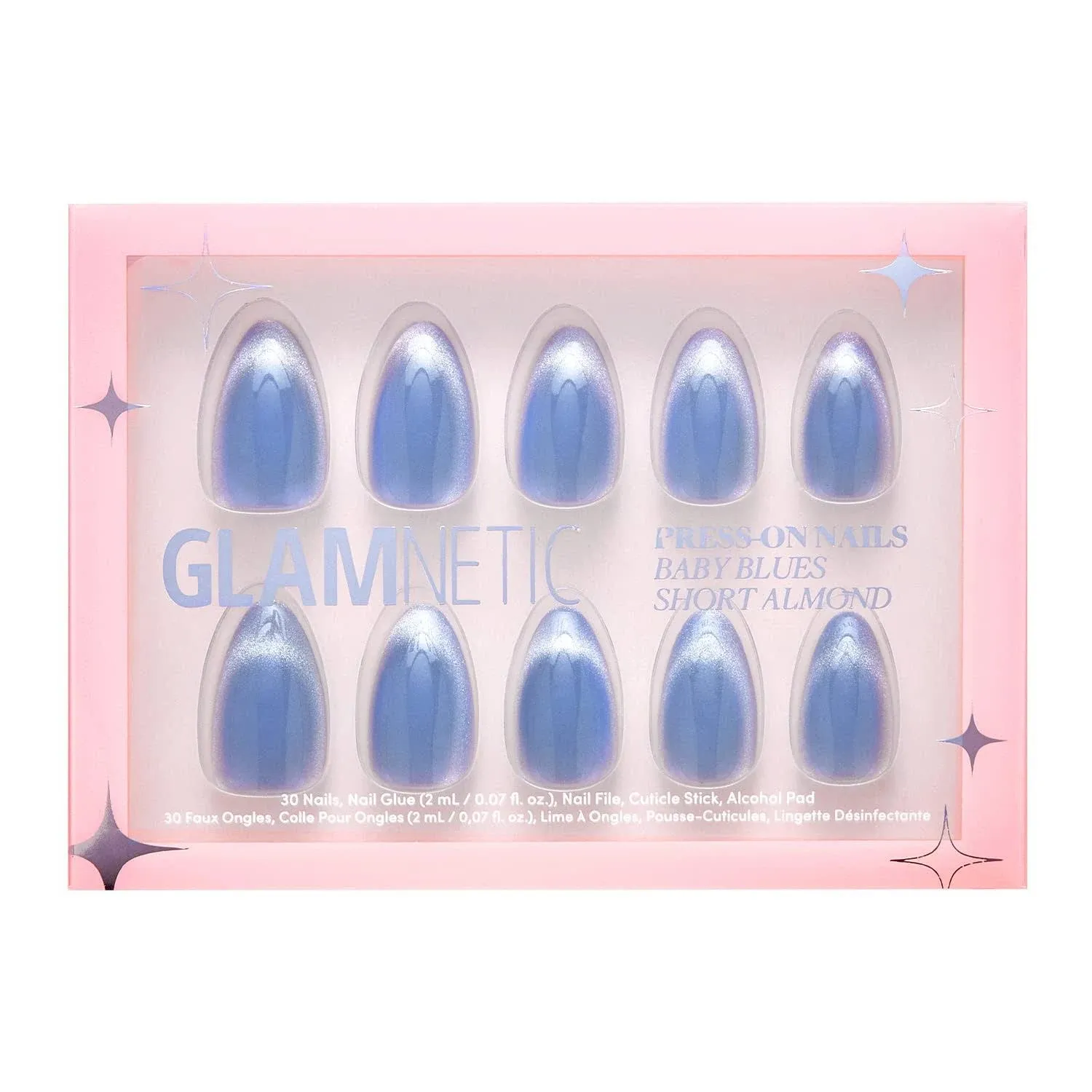 Glamnetic Press On Nails - Baby Blues | Short Almond, Pastel Blue Nails with a Mesmerizing Metallic Finish | 15 Sizes - 30 Nail Kit with Glue