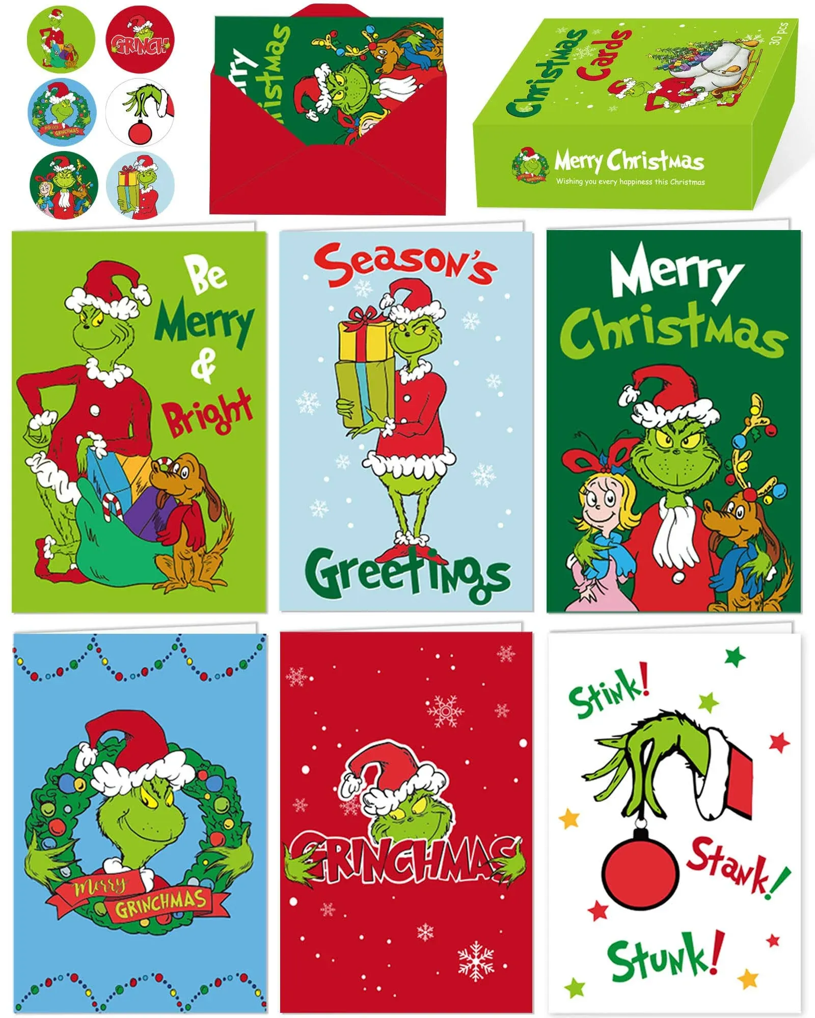 RINOLY Set of 30 Grinchs Cards Bulk Boxed with Envelopes and Stickers,6 