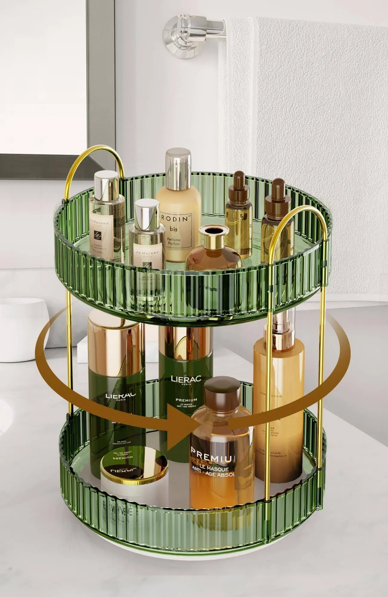 MAMI&BABI Rotating Makeup Organizer for Vanity, Large Capacity Skincare Organizers, Spinning Perfume Holder for Cosmetics Storage and Bathroom Countertop Organization. Green 2-Tiers