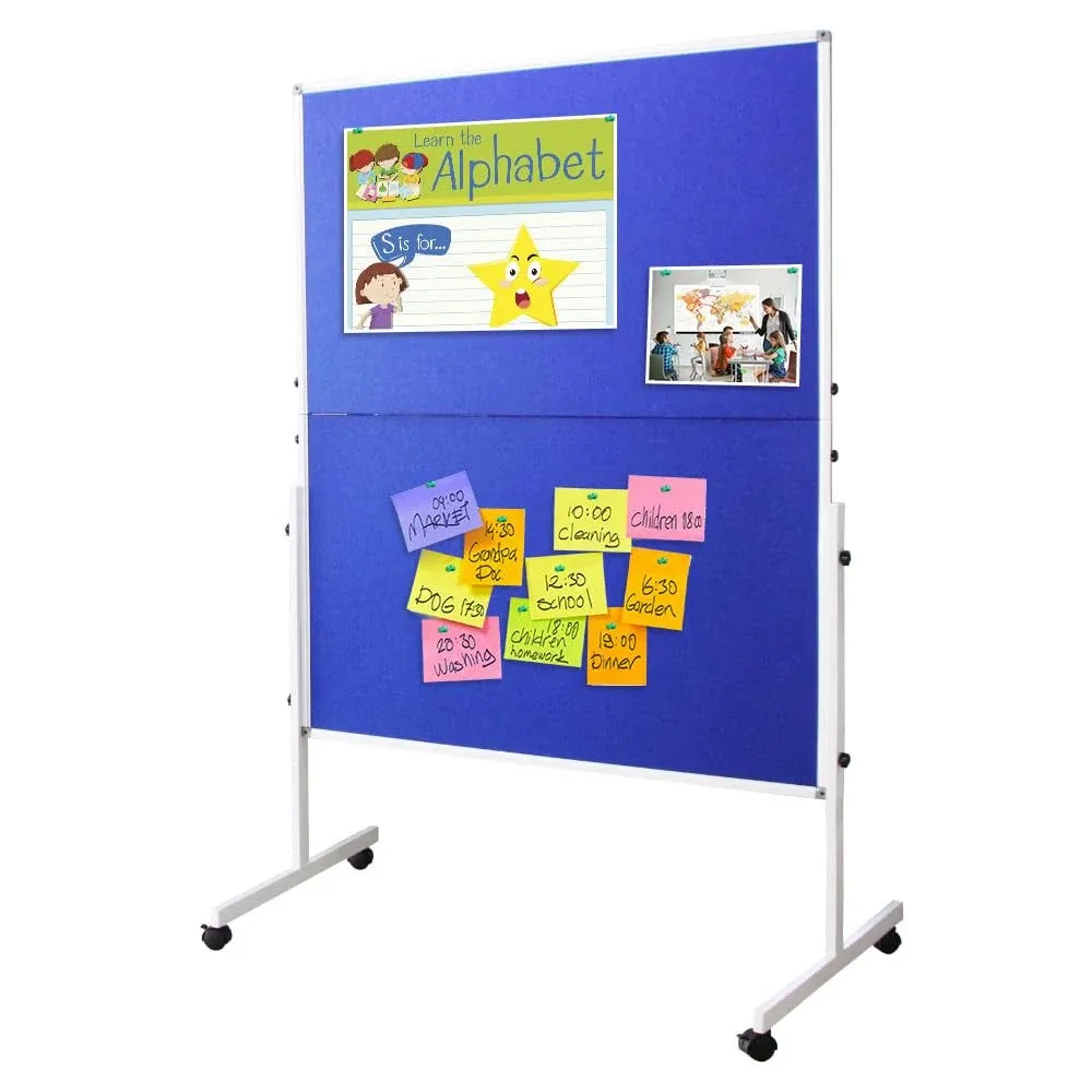 Blue Cork Felt Bulletin Board on Wheels, 60 x 48 Inchse Large Reversible Notice Bulletin Board, Aluminum Frame Double-Sided Foldable, Bulletin Board on Stand, Cork Board for Classrom