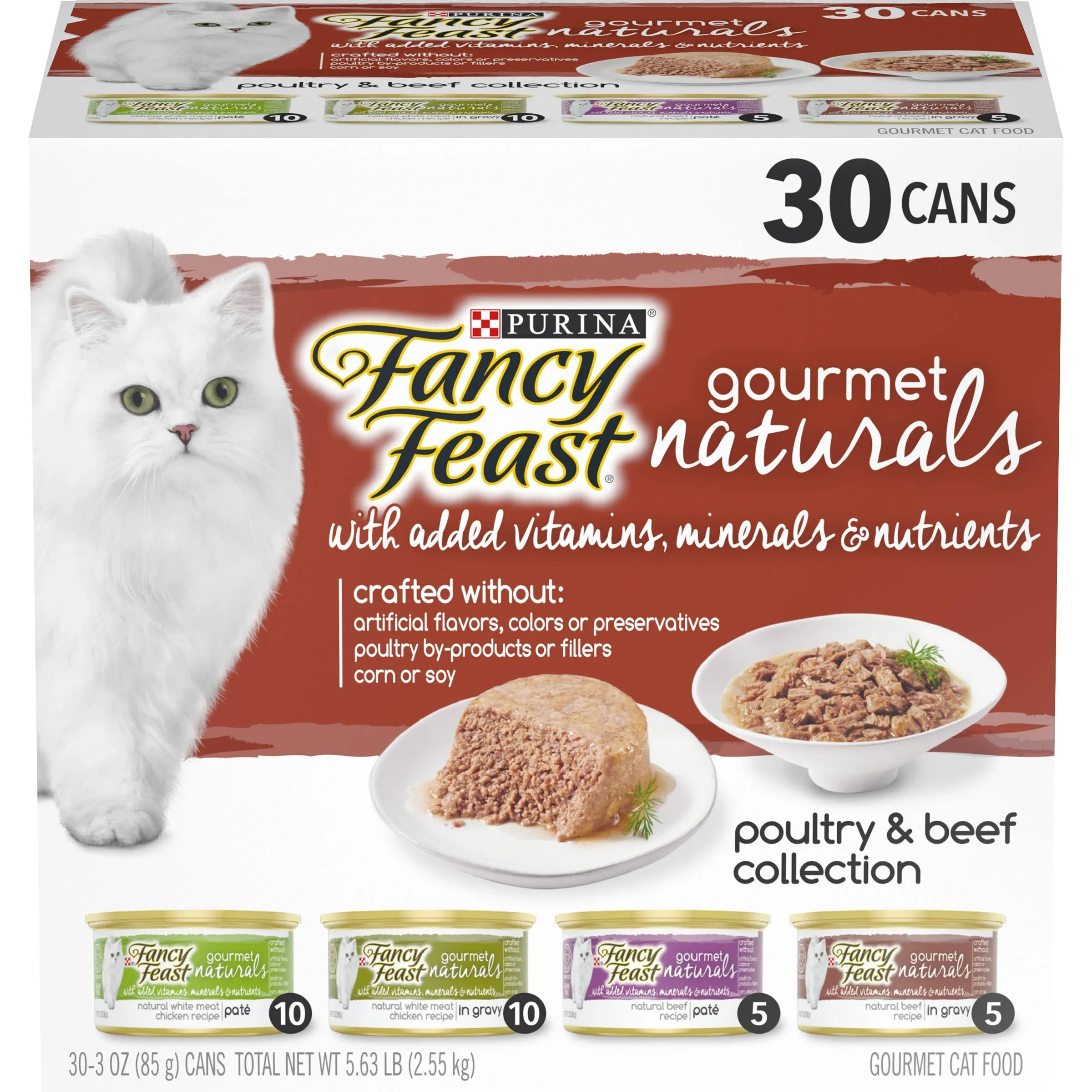 Purina Fancy Feast Wet Cat Food Variety Pack Gourmet Naturals Poultry and Beef Collection - (30) 3 oz. Cans