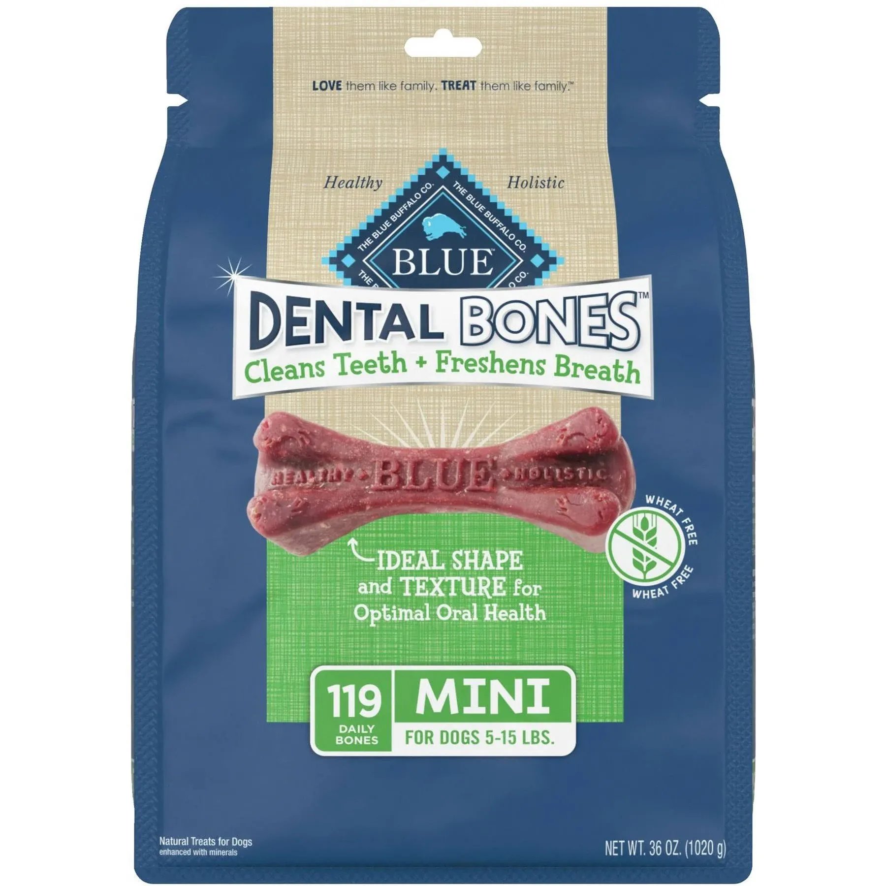 Blue Buffalo Dental Bones Mini Natural Dental Chew Dog Treats, (5-15 lbs) 36-oz Bag