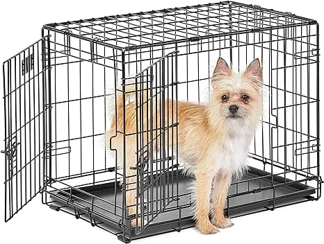 MidWest Homes for Pets Small Dog Crate, Life Stages 24' Double Door Folding Metal Dog Crate | Divider Panel, Floor Protecting Feet, Leak-Proof Dog Pan| 24L x 18W x 19H Inches, Small Dog Breed